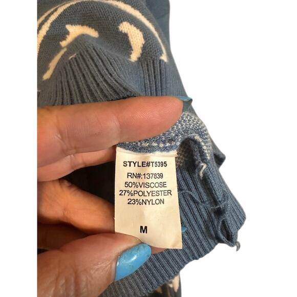 Debut Blue White Smiley Long Sleeve Crew Neck Cropped Knt Sweater Women Sz M - Picture 8 of 8